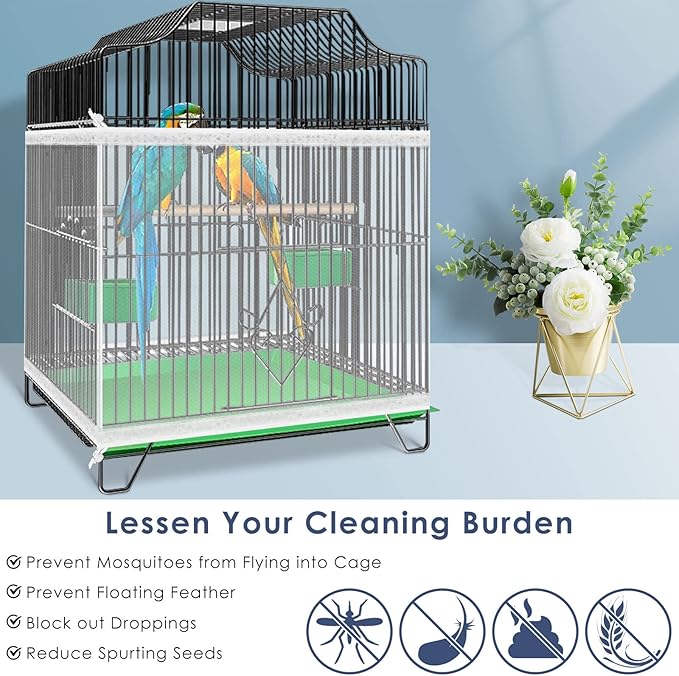 Bissap Bird Cage Seed Catcher, 59-86'' X16'' Universal Birdcage Net Nylon Adjustable Mesh Stretchy Skirts Cover for Parrot Cage Seed Guard (Not Include Birdcage)- White
