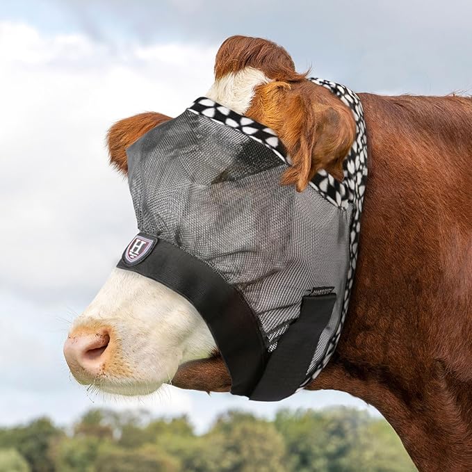 Harrison Howard Cattle Livestock Fly Mask Breathable Mesh Padded Edging with Fun Patterns Large Spacing Forelock Opening Design Adjustable Fit for Cattle Deep Grey