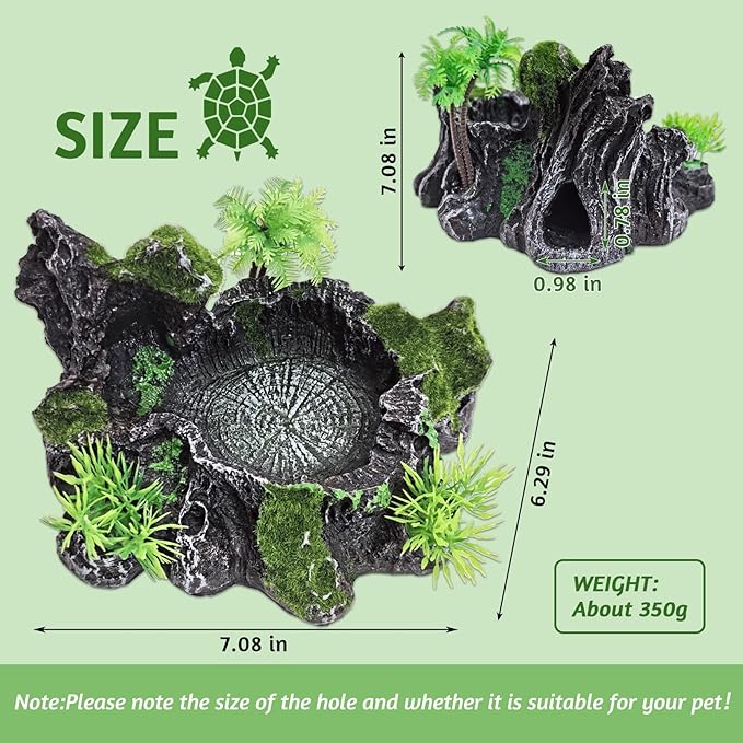 PINVNBY Resin Reptile Platform, Reptile Water Dish, Artificial Plants and Moss Reptile Food Water Bowl for Bearded Dragon, Lizard, Gecko, Turtle, Water Frog, Snake (with Moss)