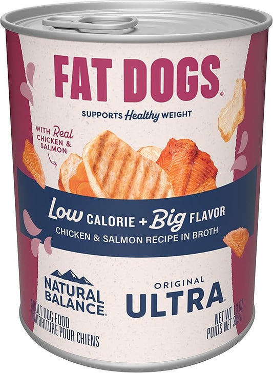 Natural Balance Original Ultra Fat Dogs Adult Low Calorie Wet Dog Food for Overweight Dogs, Chicken & Salmon Recipe in Broth, 13-oz. Can (Pack of 12)