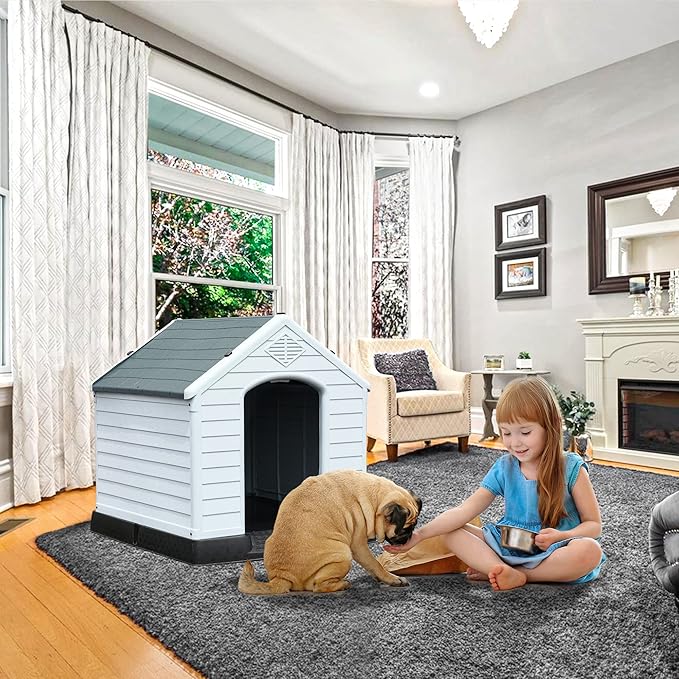 YITAHOME 34.5'' Large Plastic Dog House Outdoor Indoor Doghouse Puppy Shelter Water Resistant Easy Assembly Sturdy Dog Kennel with Air Vents and Elevated Floor (34.5''L*31''W*32''H, Gray)