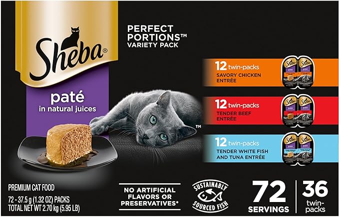 SHEBA PERFECT PORTIONS Paté Wet Cat Food Trays (36 Count, 72 Servings), Savory Chicken, Tender Beef, Tender Whitefish & Tuna Entrée, Easy Peel Twin-Pack Trays