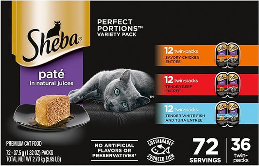 SHEBA PERFECT PORTIONS Paté Wet Cat Food Trays (36 Count, 72 Servings), Savory Chicken, Tender Beef, Tender Whitefish & Tuna Entrée, Easy Peel Twin-Pack Trays