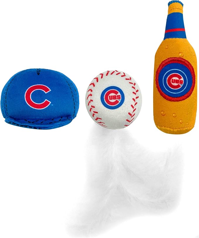 BEST PLUSH CAT TOY: MLB CHICAGO CUBS Complete Set of 3 piece Cat Toys filled with Fresh Catnip. Includes: 1 Baseball Cap Cat Toy, 1 Baseball Cat Toy with Feathers & 1 Beer Bottle. Beautiful Team LOGOS