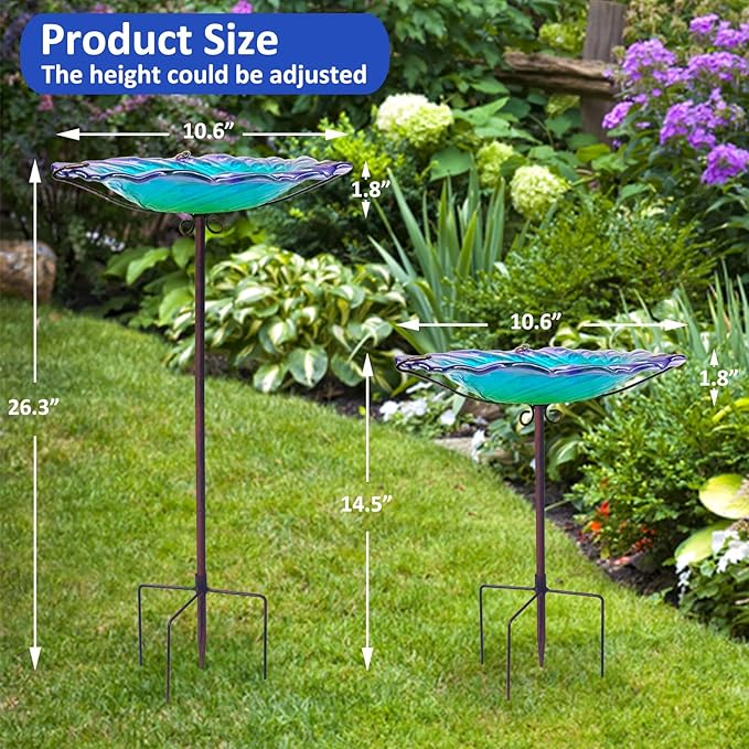 Bird Bath, Glass Bird Bath for Outside, Birdbaths for Outdoors Bird Feeders Bowl with Metal Stake, Water Flow Ripple Bird Baths Outdoor Décorations, Standing Small Birdbath Bowl for Outside-Colorful