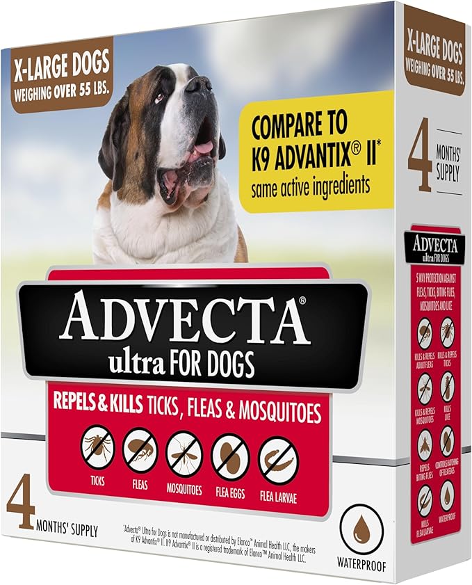 Ultra Flea And Tick Prevention For Dogs - Dog and Puppy Treatment and Control - Mosquito Repellent - XL, Fast Acting Waterproof Topical Drops, 4 Month Supply