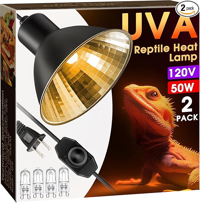 Reptile Heat Lamp, Briignite UVA Basking Light for Reptiles 50W, G9 Halogen Heat Bulb & Dome Reptile Light Fixture, Aluminum Reflector, Dimmable Heat Lamp for Chicken Turtle Snake Gecko Lizard, 2 Pack