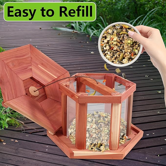 Wild Bird Feeders for Outdoor Hanging，Hexagon Shaped Bird Feede，USA Cedar， Hollow Mesh Tray,Easy to Clean & Refill