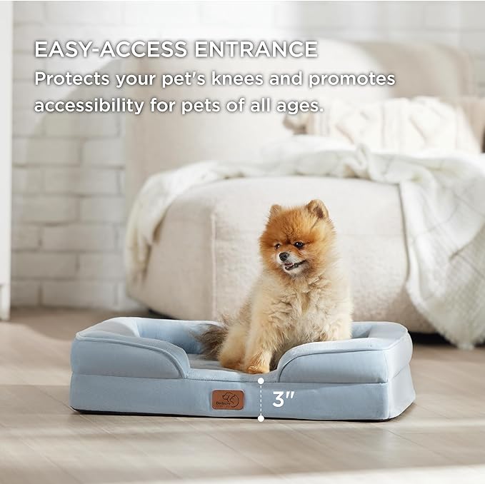 Bedsure Small Orthopedic Dog Bed - Washable Bolster Dog Sofa Beds for Small Dogs, Supportive Foam Pet Couch Bed with Removable Washable Cover, Waterproof Lining and Nonskid Bottom Couch, Light Blue