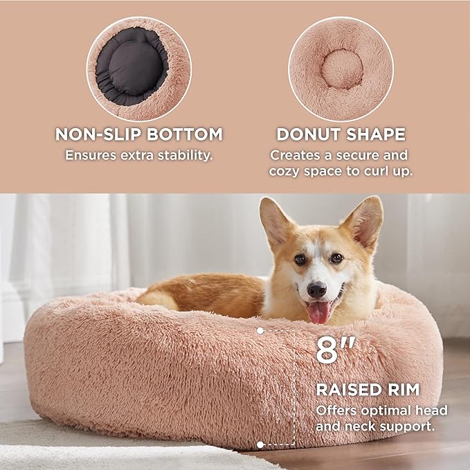 Bedsure Calming Dog Bed for Medium Dogs - Donut Washable Medium Pet Bed, 30 inches Anti-Slip Round Fluffy Plush Faux Fur Cat Bed, Fits up to 45 lbs Pets, Pink