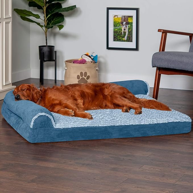 Furhaven Memory Foam Dog Bed for Large Dogs w/ Removable Bolsters & Washable Cover, For Dogs Up to 95 lbs - Two-Tone Plush Faux Fur & Suede L Shaped Chaise - Marine Blue, Jumbo/XL
