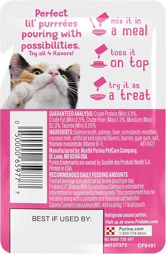 Purina Friskies Pureed Cat Food Topper, Lil’ Shakes With Scrumptious Salmon Lickable Cat Treats - (Pack of 16) 1.55 oz. Pouches