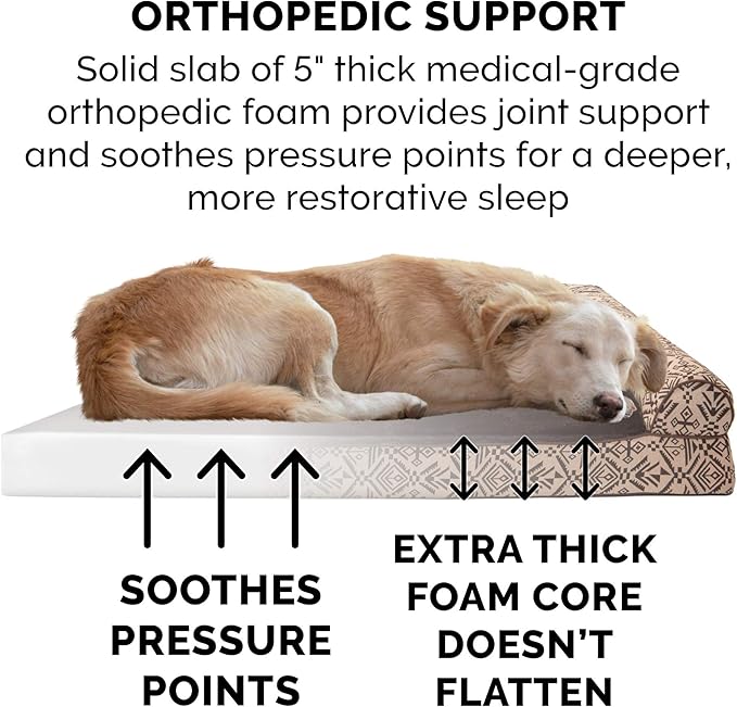 Furhaven Orthopedic Dog Bed for Large Dogs w/ Removable Bolsters & Washable Cover, For Dogs Up to 125 lbs - Plush & Southwest Kilim Woven Decor Sofa - Desert Brown, Jumbo Plus/XXL