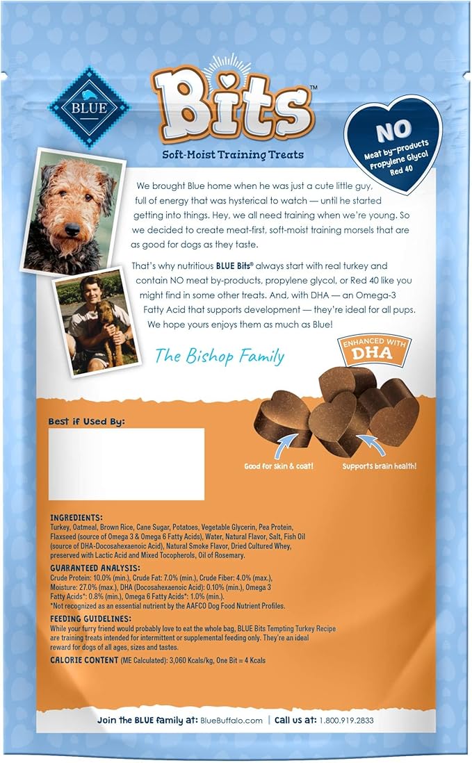 Blue Buffalo BLUE Bits Natural Soft-Moist Training Dog Treats, Turkey Recipe 4-oz Bag