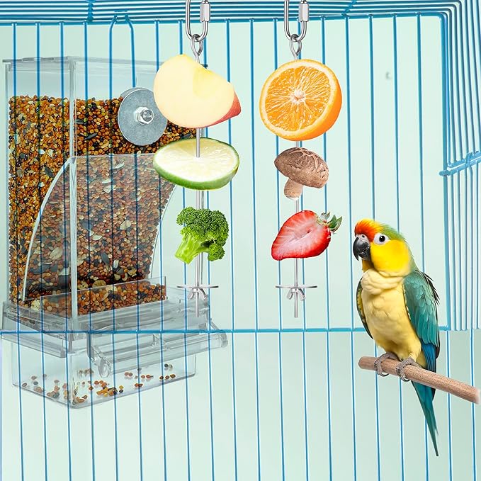 No Mess Bird Feeders and 3PCS Bird Food Holders Stainless Steel, Anti Spill Bird Feeder Parrot Automatic Feeder Hanging Fruit Vegetable Stick Skewer for Budgies Canary Cockatiel Finch