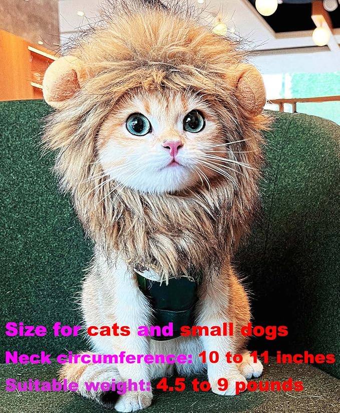 Lion Mane Wig for Cat Costume Pet Adjustable Washable Comfortable Fancy Lion Hair Cat Clothes Dress for Halloween Christmas Easter Festival Party Activity (Brown)