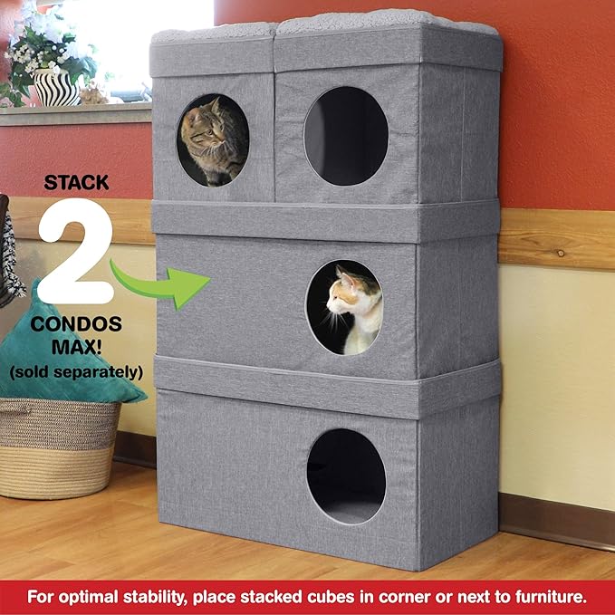 Kitty City Large Stackable Grey Condo, Cat Cube, Cat House, Pop Up Bed, Cat Ottoman, Mansion