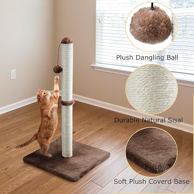 Tall Cat Scratching Post 34” Basic Vertical Scratcher for Indoor Cats and Kittens, Cat Scratch with Sturdy Sisal Rope and Hanging Ball, Large Heavy Plush Base (Dark Brown)