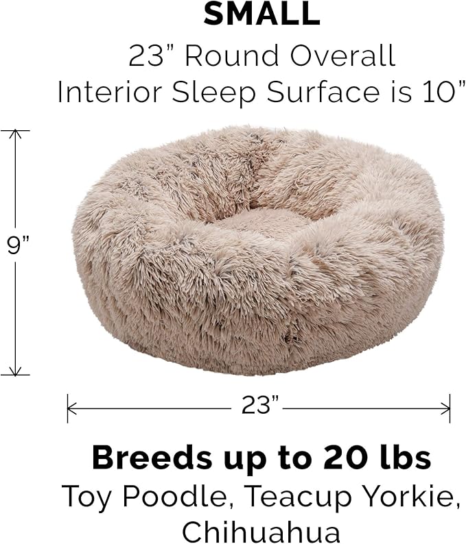 Furhaven 23" Round Calming Donut Dog Bed for Indoor Cats & Small Dogs, Washable, For Dogs Up to 20 lbs - Shaggy Plush Long Faux Fur Donut Bed - Taupe, Small, 23.0"L x 23.0"W x 9.0"Th