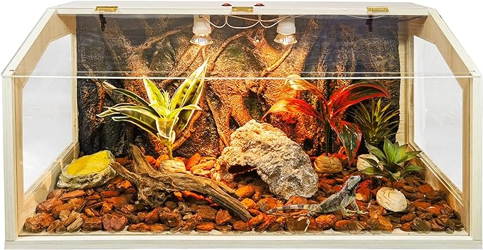 Reptile Terrarium, Lizard Tank Up to 68 Gallons, Bearded Dragon Tank with Roof Door, Snake Tank with Built-in Lamp Fixture and Switch (28 Gallon, 32" Long, Openable Wood Roof)