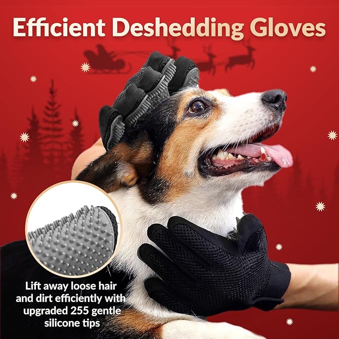 Upgrade Version Pet Grooming Glove - Gentle Deshedding Brush Glove - Efficient Pet Hair Remover Mitt - Enhanced Five Finger Design - Perfect for Dog & Cat with Long & Short Fur - 1 Pair (Gray)