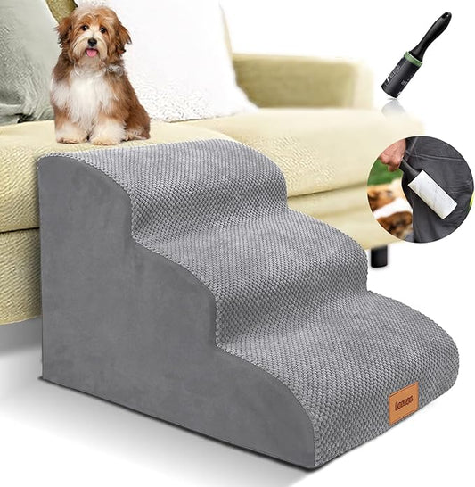 Foam Dog Stairs/Steps, 3 Tiers Pet Ramp/Ladder with Waterproof Cover for Bed Couch Sofa, Non-Slip, Dog Stair for Small Dogs Cats with Old/Injured/Short-Legged, 15.7" H Grey