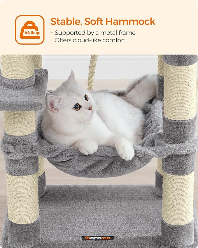 Feandrea Cat Tree, 44.1-Inch Cat Tower for Indoor Cats, Multi-Level Cat Condo with 11 Scratching Posts, 2 Perches, Cave, Hammock, Light Gray UPCT215W01