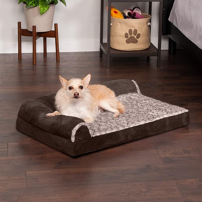 Furhaven Orthopedic Dog Bed for Medium/Small Dogs w/ Removable Bolsters & Washable Cover, For Dogs Up to 35 lbs - Two-Tone Plush Faux Fur & Suede L Shaped Chaise - Espresso, Medium,30"L x 20"W x 6"Th