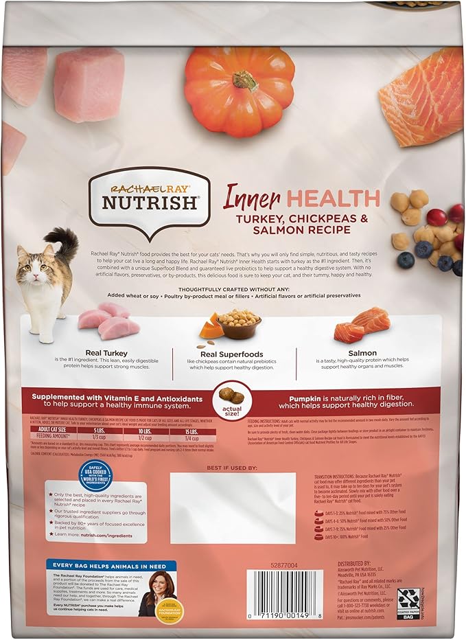 Rachael Ray Nutrish Inner Health Premium Natural Dry Cat Food with Added Vitamins, Minerals & Other Nutrients, Turkey with Chickpeas & Salmon Recipe, 6 Pounds