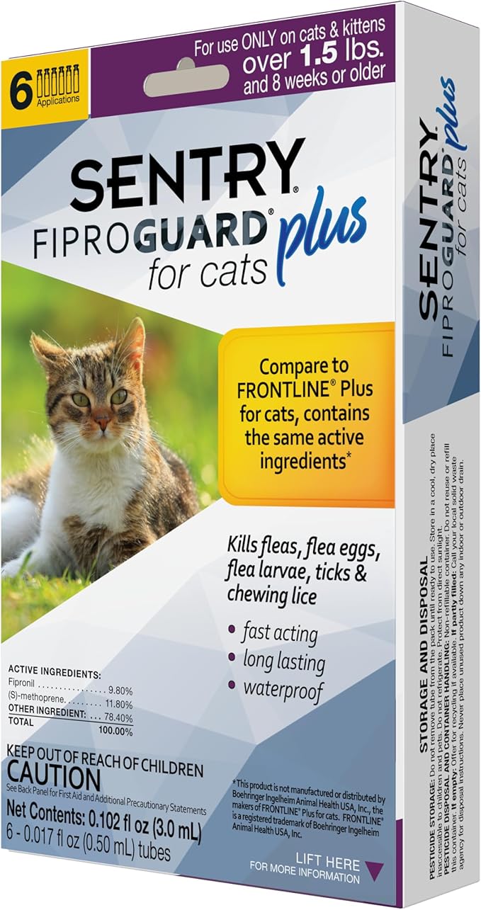 SENTRY Fiproguard Plus Flea and Tick Topical for Cats, 1.5 lbs and Over, 6 Month Supply