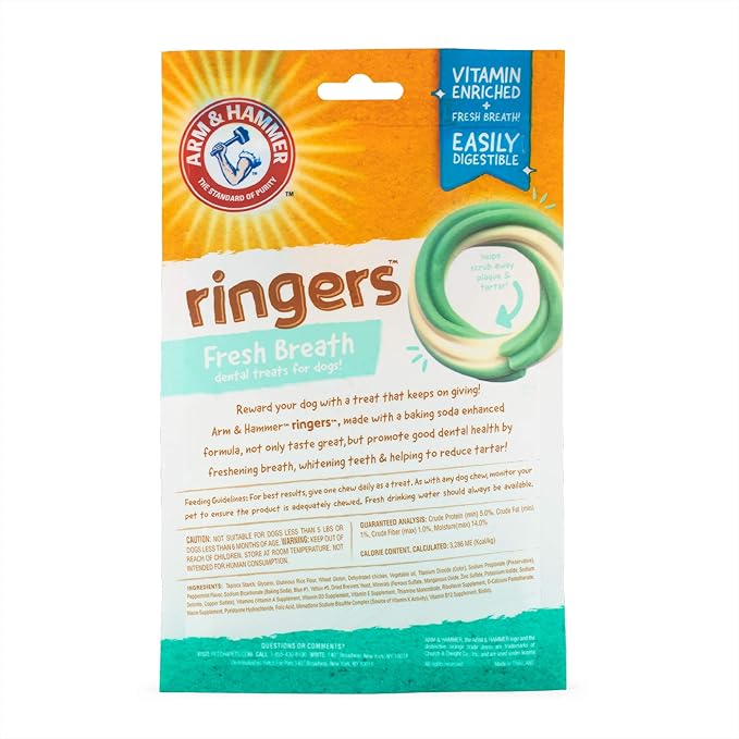 Arm & Hammer for Pets Ringers Dental Treats for Dogs Dog Dental Chews Fight Bad Dog Breath, Plaque & Tartar Without Brushing Fresh Mint Flavor, 4 Pack Dental Dog Chews (Pack of 4, 20 Count Total)