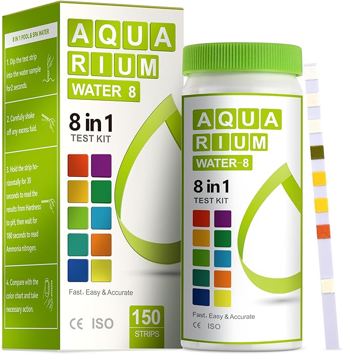 8-in-1 Aquarium Test Kit (150 Strips) for Freshwater & Saltwater - Quick & Accurate Water Testing for Aquariums & Ponds. Tests Free Chlorine, Hardness, pH, Ammonia Nitrogen, etc. (K02-150)