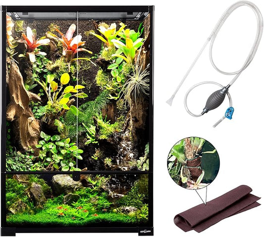 REPTIZOO 67 Gallon Large Reptile Terrarium 24"x18"x 36" Glass Paludarium Tank, Tall Reptile Enclosure Habitat with 10” Deep Base, Siphon Gravel Cleaner Set and Plants Growing Cotton Mat Included