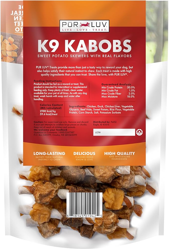 Dog Treats, K9 Kabobs for Dogs Made with Real Chicken, Duck, and Sweet Potato, 12 Ounces, Healthy, Easily Digestible, Long-Lasting, High Protein Dog Treat, Satisfies Dog's Urge to Chew