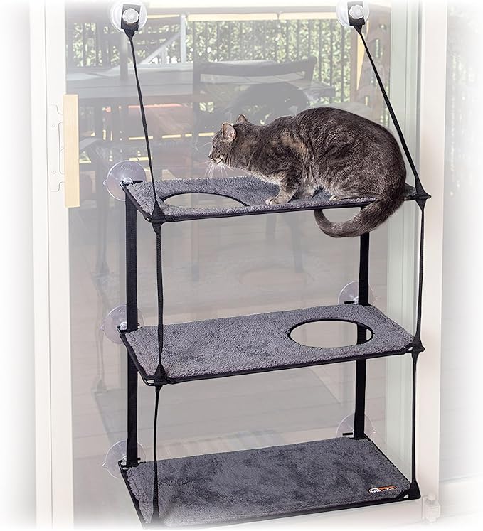 K&H Pet Products EZ Mount Window Sill Cat Bed, Cat Window Hammock, Sturdy Cat Window Perch for Large Cats, Cat Window Bed Cat Furniture, Cat Hammock for Window Cat Perch Cat Shelf - Triple Stack Gray