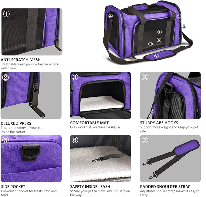 Henkelion Pet Carrier for Small Medium Cats Dogs Puppies up to 15 Lbs, Airline Approved Small Dog Carrier Soft Sided, Collapsible Travel Puppy Carrier - Purple