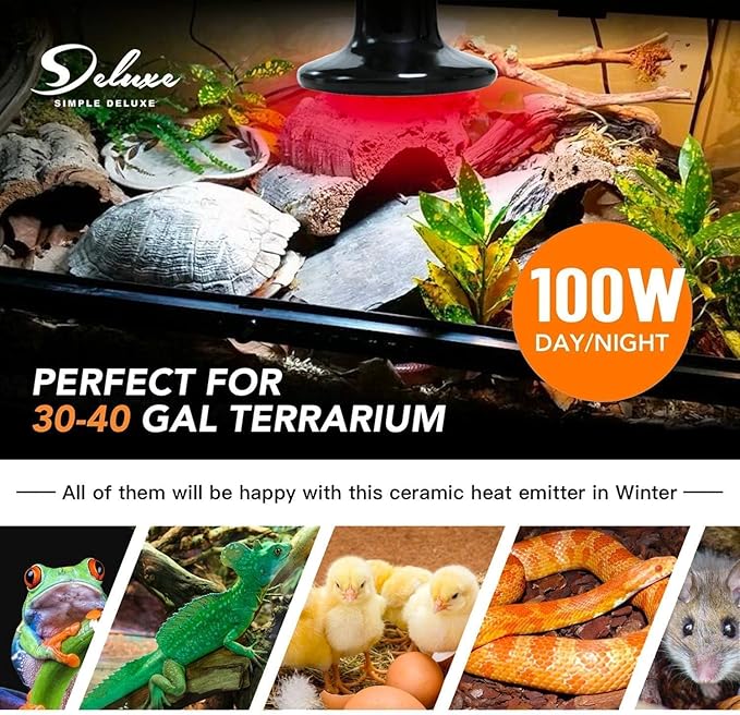 Simple Deluxe 100W Ceramic Reptile Heat Lamp Bulb & 150W Clamp Light with 8.5" Aluminum Reflector Combo for Amphibian Pets, Silver 2023 Version