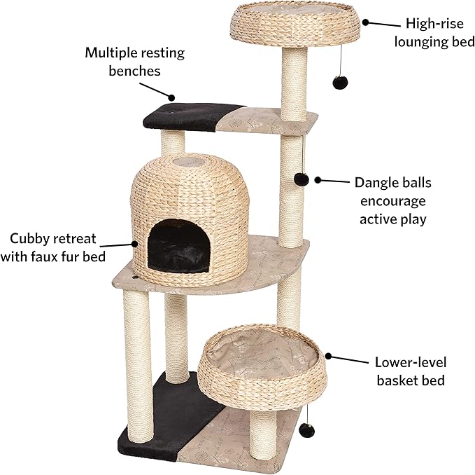 MidWest Homes for Pets Cat Tree | Biscayne Cat Furniture, 5-Tier Cat Tree w/Sisal Wrapped Support Scratching Posts & High Cat Look-Out Perch, Woven Rattan & Script, Large Cat Tree