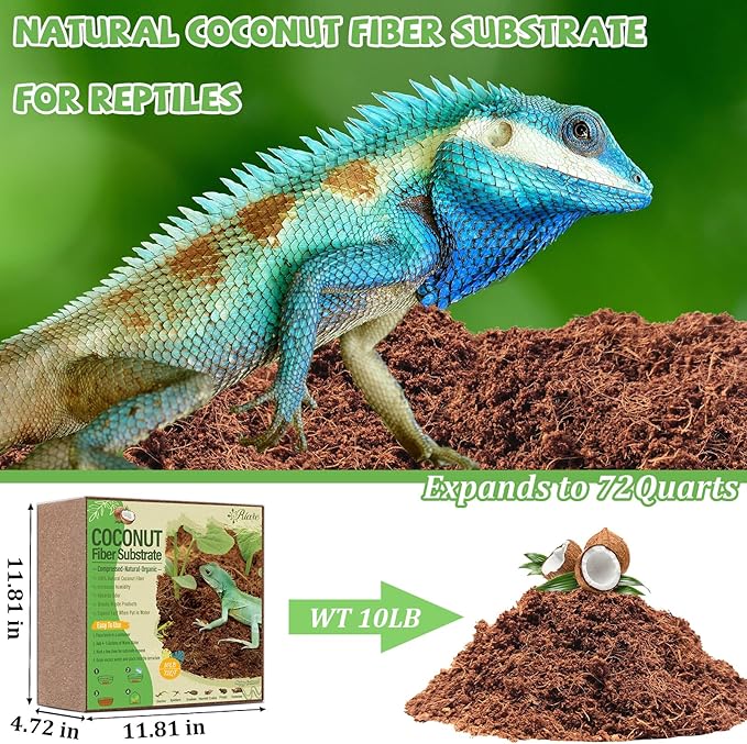 10LBS Natural Coconut Fiber Substrate for Reptile- Premium Compressed Coconut Husk Terrarium Bedding for Reptile, Tortoise, Frogs, Snakes, Hermit Crabs, Burrowing Animals