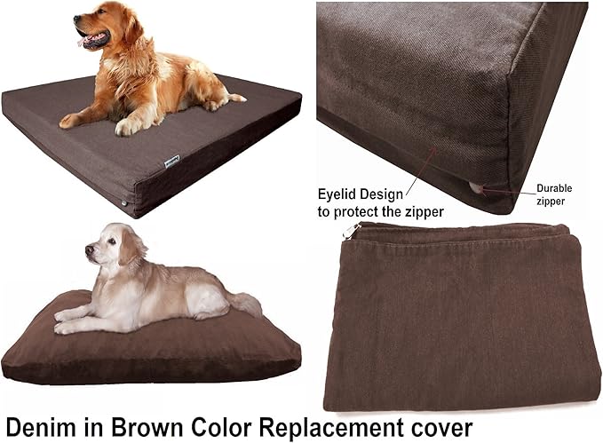 Dogbed4less 41X27X4 Inches Large size Brown Color Denim Jean Dog Pet Bed External zipper Cover - Replacement cover only