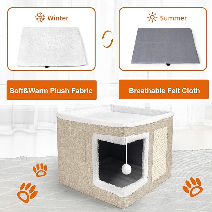 Cat Houses for Indoor Cats - Large Cat Bed Cave for Cat House with Scratch Pad and Fluffy Ball, Foldable Cat Hideaway with Reversible Cushion Cat Condo for Multi Small Pet, Khaki