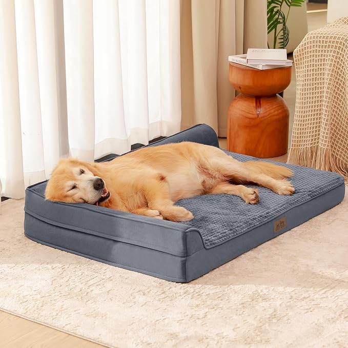 Orthopedic Dog Beds for Extra Large Dogs, Waterproof Memory Foam XXL Dog Bed with Sides, Non-Slip Bottom and Egg-Crate Foam Big Dog Couch Bed with Washable Removable Cover, Grey (L-Shaped)