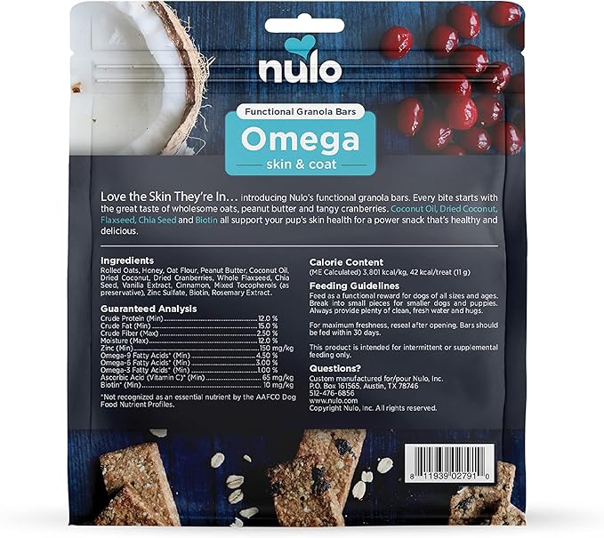 Nulo Functional Granola Bars, Healthy Dog Treats, Oven Baked, Made with Prebiotics and Probiotics, Contains No Added Salt, Sugar, or Molasses, 10 Ounce Bag