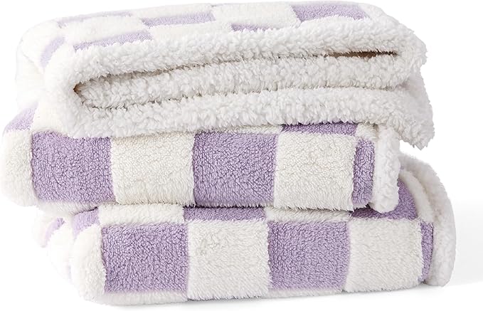 Lesure Waterproof Dog Blanket for Large Dogs - Washable Double Sided Dog Blankets with Warm Jacquard Shag and Soft Sherpa Fleece, Pet Cat blanket for Queen Bed Protection, 3D Textured Checks, Purple