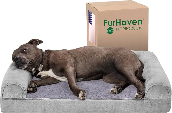 Furhaven Orthopedic Dog Bed for Large/Medium Dogs w/ Removable Bolsters & Washable Cover, For Dogs Up to 55 lbs - Faux Fur & Velvet Sofa - Smoke Gray, Large