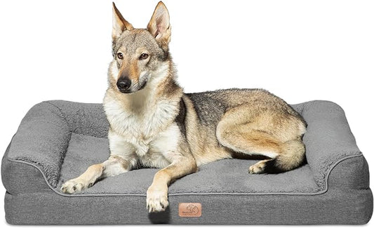 Bedsure Memory Foam Dog Bed for Extra Large Dogs - Orthopedic Egg Foam Dog Sofa Bed with Soft Sherpa Surface, Pet Couch with Removable Washable Cover, Waterproof Layer and Nonskid Bottom, Dark Grey