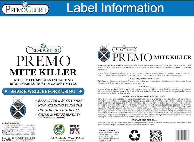 Mite Killer Spray by Premo Guard – 32 oz – Treatment for Dust Spider Bird Rat Mouse Carpet and Scabies Mites – Fast Acting 100% Effective – Child & Pet Safe – Best Natural Extended Protection