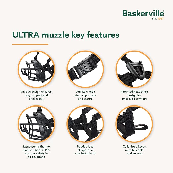 BASKERVILLE ULTRA MUZZLE - Patented Humane Design, Breathable, Dog can Pant and Drink, Adjustable, Padded, Dog Training Muzzle for Small Dogs, Prevents Biting, Wildlife Scavenging (Size 2, Black)