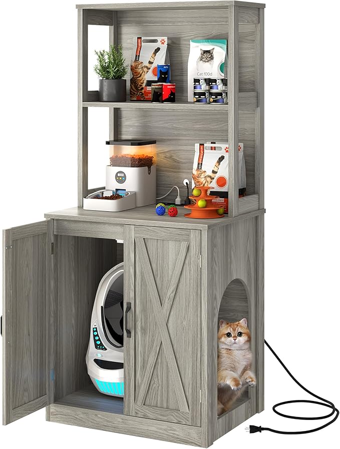 DWVO Large Hidden Litter Box Furniture with Shelves and Charging Station, Wooden Enclosure for Self-Cleaning Litter Boxes, Grey