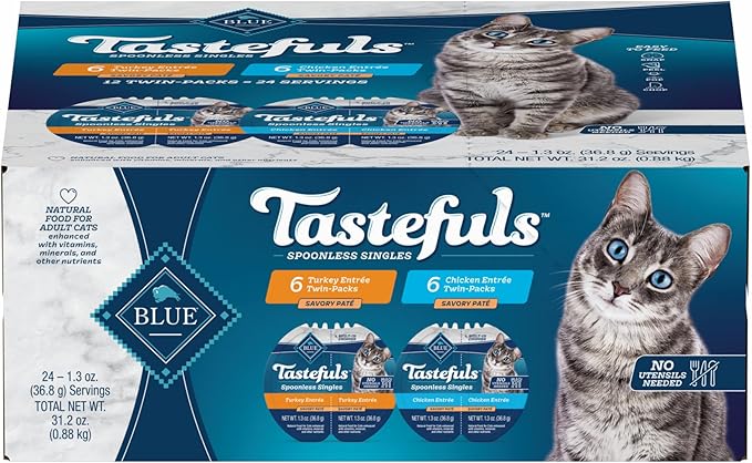 Blue Buffalo Tastefuls Spoonless Singles Variety Pack, Wet Cat Food Paté, 2.6-oz. Twin-Pack Trays, Chicken & Turkey Entreé (12 Count)